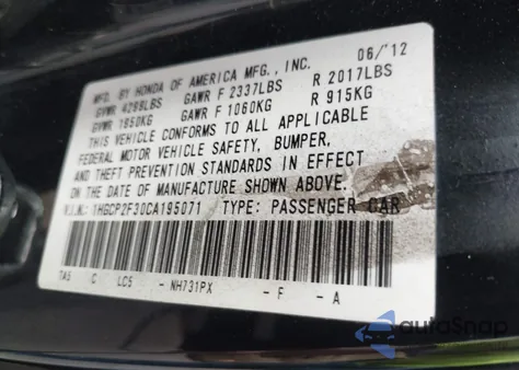2012 Honda Accord 2.4 Lx from USA, damaged, VIN 1HGCP2F30CA195071